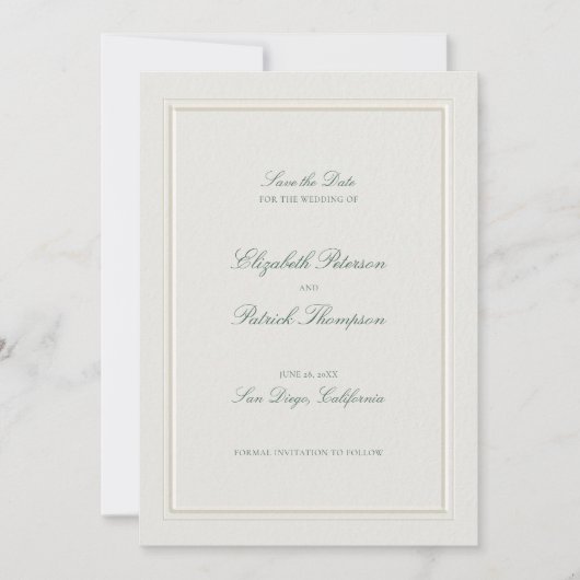 Formal Modern Classic Elevated Green Ecru Wedding Save The Date (Voorkant)