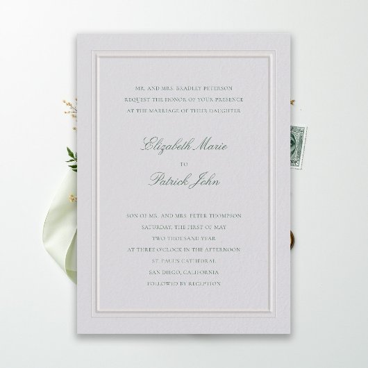 Formal Modern Classic Elevated Green Ivory Wedding Kaart