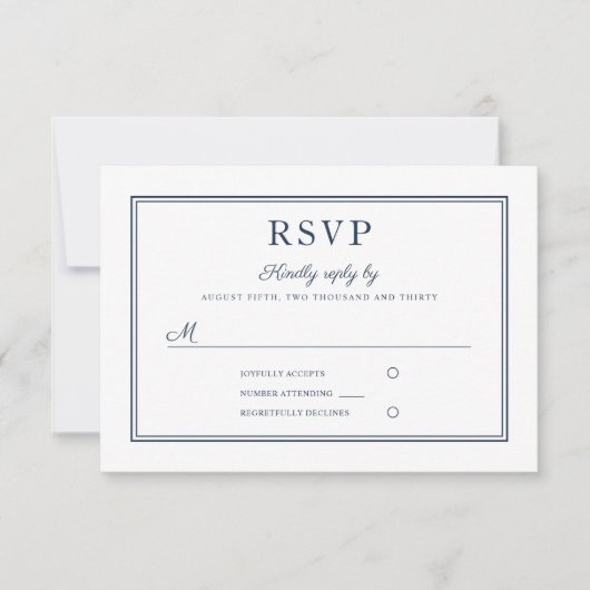 Formal Navy Blue Script Wedding RSVP Card (Voorkant)