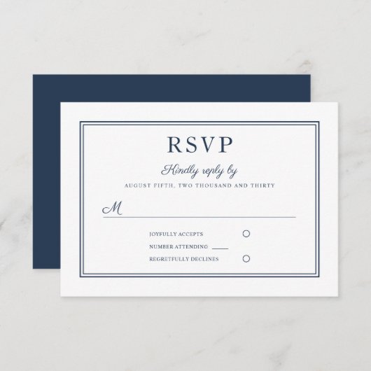 Formal Navy Blue Script Wedding RSVP Card (Voorkant / Achterkant)