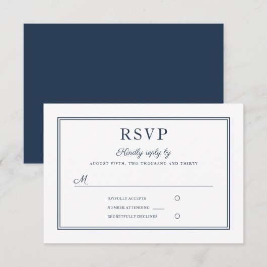 Formal Navy Blue Script Wedding RSVP Card Kaartje (Voorkant / Achterkant)