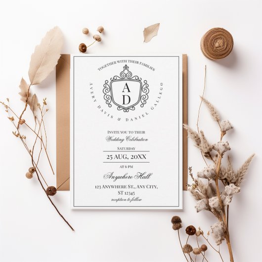 Formal Ornate Crest Monogram Wedding Invitation Kaart