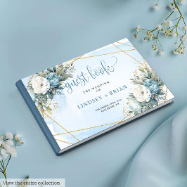 Formal Pastel Blue Peonies Gold Wedding Guest Book Gastenboek