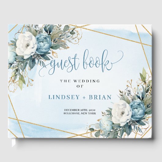 Formal Pastel Blue Peonies Gold Wedding Guest Book Gastenboek (Voorkant)