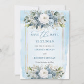 Formal Pastel Blue White Gold Floral Save The Date Kaart (Voorkant)