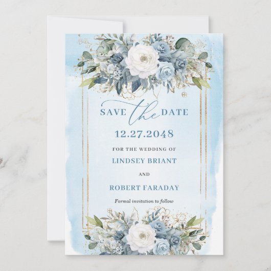 Formal Pastel Blue White Gold Floral Save The Date Kaart (Voorkant)