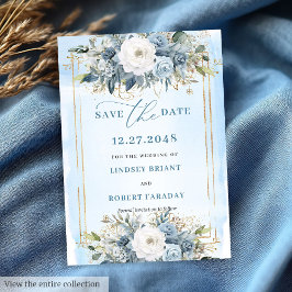 Formal Pastel Blue White Gold Floral Save The Date Kaart