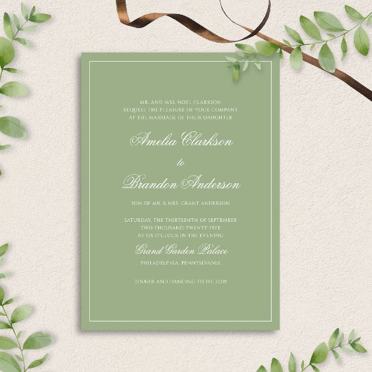 Formal Real Sage Green Border Script Wedding Kaart