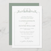 Formal Sage Green Floral Border Monogram Wedding Kaart (Voorkant / Achterkant)