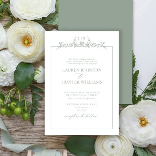 Formal Sage Green Floral Border Monogram Wedding Kaart