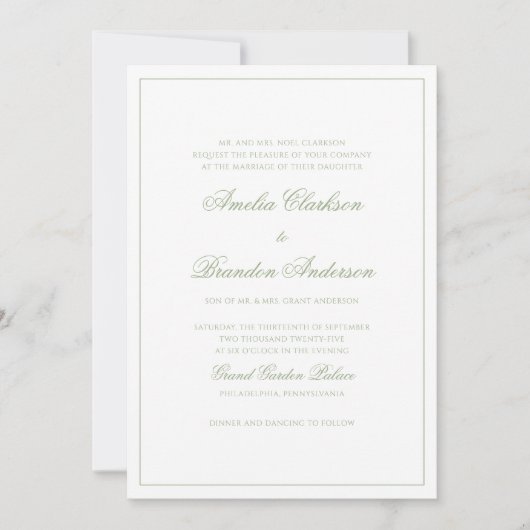 Formal Sage Green & White Border Script Wedding Kaart (Voorkant)