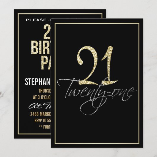 Formal Silver Black and Gold 21st Birthday Party Kaart (Voorkant / Achterkant)