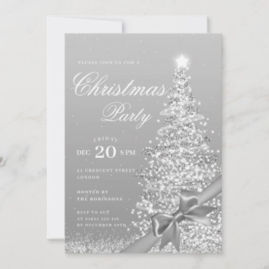 Formal Silver Winter Christmas Tree Bow Holiday Kaart (Voorkant)