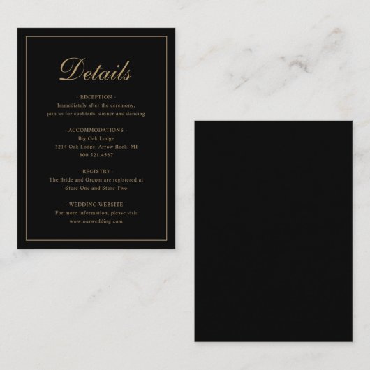 Formal Traditional Elegant Black and Gold Wedding Informatiekaartje (Voorkant / Achterkant)