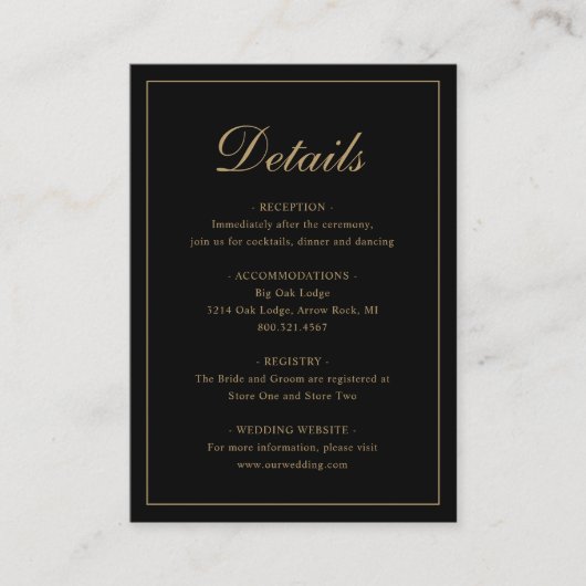 Formal Traditional Elegant Black and Gold Wedding Informatiekaartje (Voorkant)