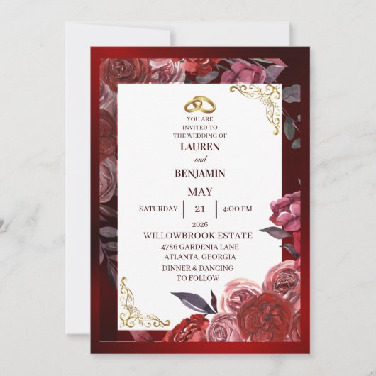 Formal wedding invitation in red and gold kaart (Voorkant)