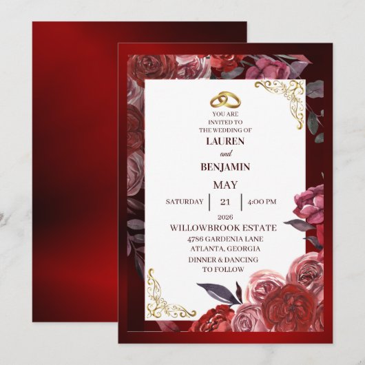 Formal wedding invitation in red and gold kaart (Voorkant / Achterkant)