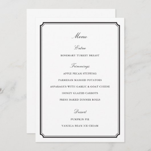 Formal Zwart-wit Thanksgiving Diner Menu (Voorkant / Achterkant)