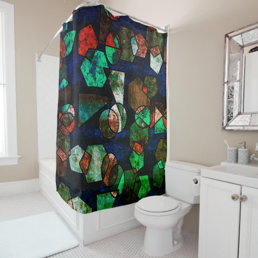 Formas geométricas onregelmatigares e textura defo douchegordijn (In situ)