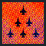 Formation of F16s in Orange. Pop Art Poster<br><div class="desc">Formation of F16s in Orange Pop Art. Inspired by some of Andy 's work such as "Car Crash in Orange" Design has large half-tone dot effect in order to give the design a Pop Art Silkscreen printed effect. The over all color is Orange and the planes are dark blue, although...</div>