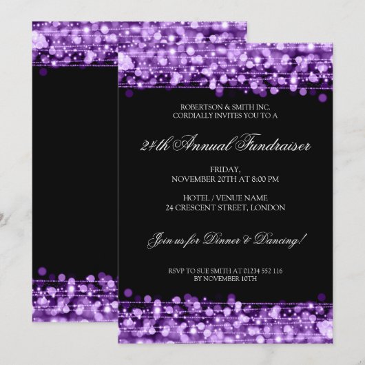 Formeel bedrijf Fundraiser Party Sparkles Paars Kaart (Voorkant / Achterkant)