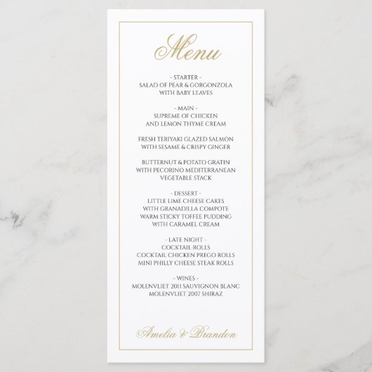 Formeel Elegant Script Zwart en Goud Trouwen Menu (Voorkant)