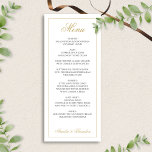 Formeel Elegant Script Zwart en Goud Trouwen Menu<br><div class="desc">Introductie van onze formele Elegant Script Black en Gold Wedding Menu, een verfijnde aanvulling op uw bruiloft receptie. Dit menu heeft een heldere witte achtergrond met verfijnde zwarte tekst en luxueuze gouden scriptaccenten, waardoor een tijdloze en elegante presentatie van uw eetgelegenheden ontstaat. Perfect voor formele bruiloften, het voegt een vleugje...</div>