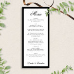 Formeel Elegant Script Zwart-wit bruiloft Menu<br><div class="desc">De strakke, minimalistische lay-out verbetert het luxueuze gevoel, waardoor elke gang van uw maaltijd kan schitteren. Dit menu is ideaal voor bruiloften met zwart stropdas of een formeel huwelijk en voegt een gepolijst en stijlvol tintje toe aan uw tafelinstellingen, zodat uw gasten een verfijnde eetsfeer ervaren die de sophisticatie van...</div>