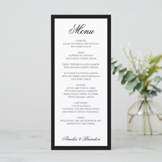 Formeel Elegant Script Zwart-wit bruiloft Menu (Staand voorkant)