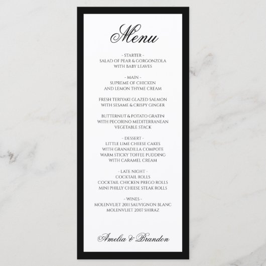 Formeel Elegant Script Zwart-wit bruiloft Menu (Voorkant)