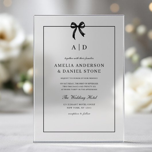 Formeel Elege zwart-wit lint Monogram Acryl Uitnodigingen