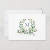 Formeel Elegeant Blauw Bloemstuk Monogram Trouw RSVP Kaartje (Achterkant)