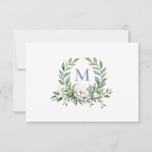 Formeel Elegeant Blauw Bloemstuk Monogram Trouw RSVP Kaartje (Achterkant)