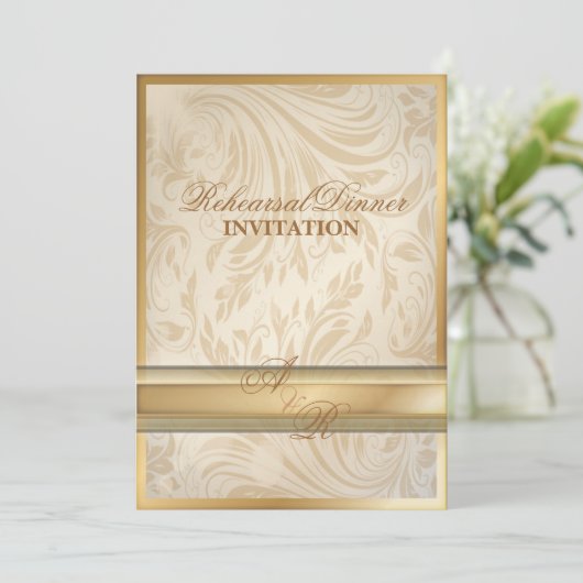 Formeel goud Damask Repetitie Diner Uitnodiging (Staand voorkant)
