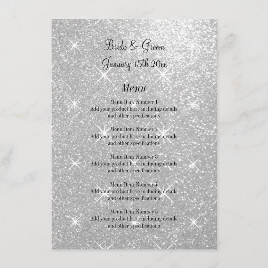 Formeel huwelijksmenu met glamoureuze glitterprint menu (Voorkant)