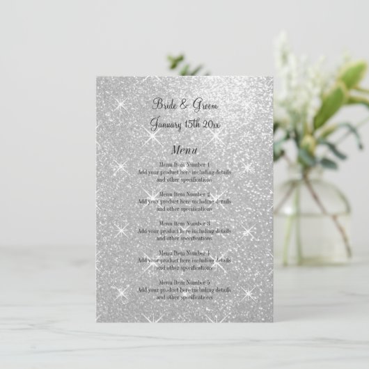Formeel huwelijksmenu met glamoureuze glitterprint menu (Staand voorkant)