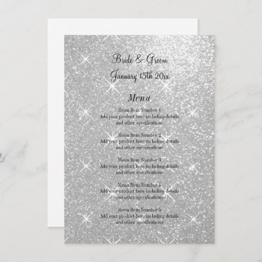 Formeel huwelijksmenu met glamoureuze glitterprint menu (Voorkant / Achterkant)
