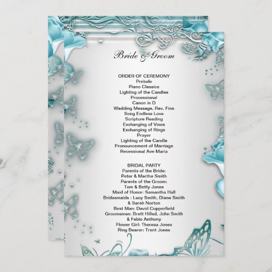 Formeel huwelijksprogramma blauw programmakaart (Voorkant / Achterkant)