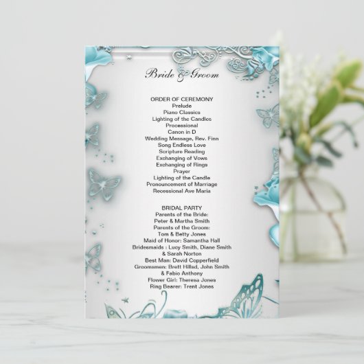 Formeel huwelijksprogramma blauw programmakaart (Staand voorkant)