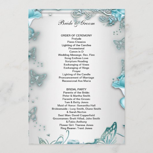 Formeel huwelijksprogramma blauw programmakaart (Voorkant)