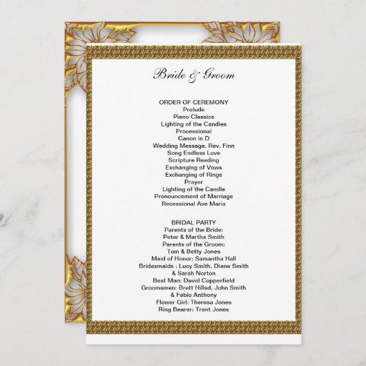 Formeel huwelijksprogramma wit en goud programmakaart (Voorkant / Achterkant)