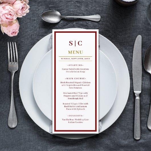 Formeel Klassiek Bruine en Gouden Monogram Huwelij Menu