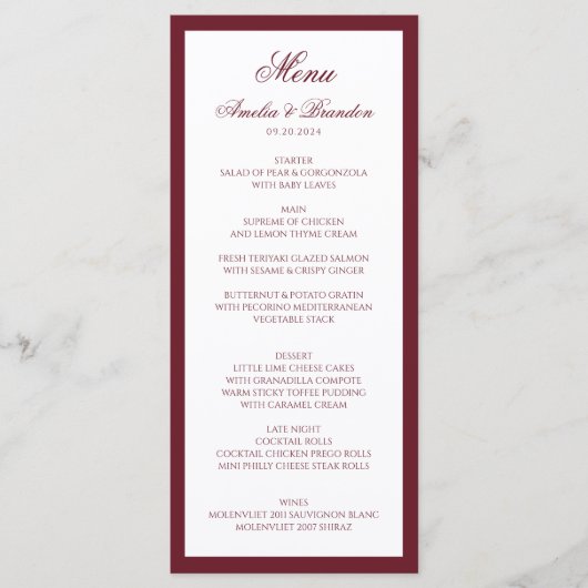 Formeel Klassiek Diep Bourgondië Rand Script Bruil Menu (Voorkant)