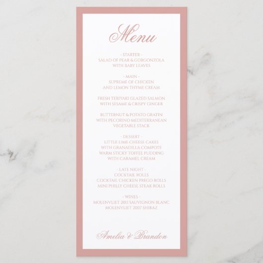 Formeel Klassiek Stof Roze Rand Script Bruiloft Menu (Voorkant)