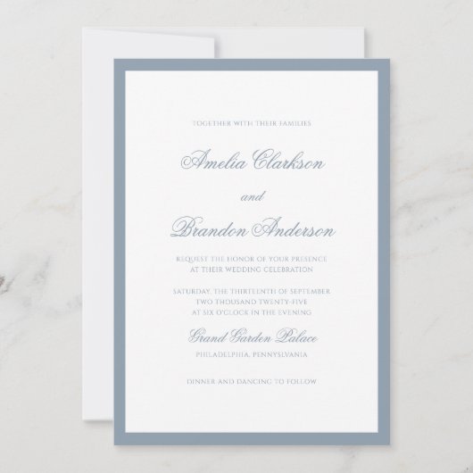 Formeel Klassiek Stofblauw Rand Script Bruiloft Kaart (Voorkant)