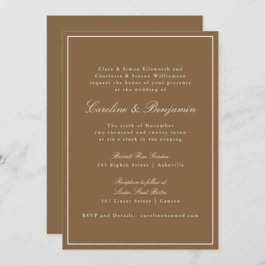 Formeel Klassiek Warm Bruin Script Elegant Huwelij Kaart (Voorkant / Achterkant)