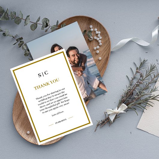 Formeel Klassiek Zwart Goud Monogram Foto Bruiloft Bedankkaart