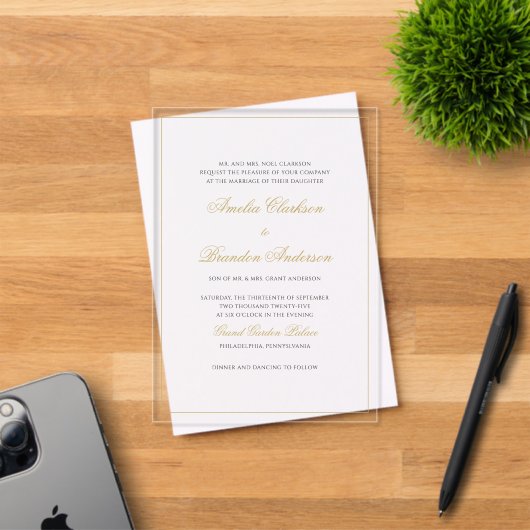 Formeel Klassiek Zwart & Goud Rand Script Trouwen Acryl Uitnodigingen (Insitu (Uitnodiging))