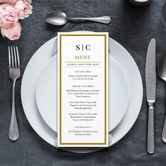 Formeel Klassiek Zwart Gouden Monogram Trouwen Menu