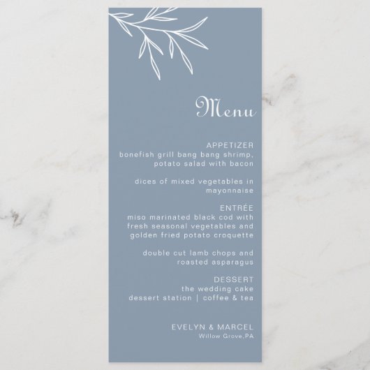 Formeel Minimale Stusty Blue Wedding Menu (Voorkant)